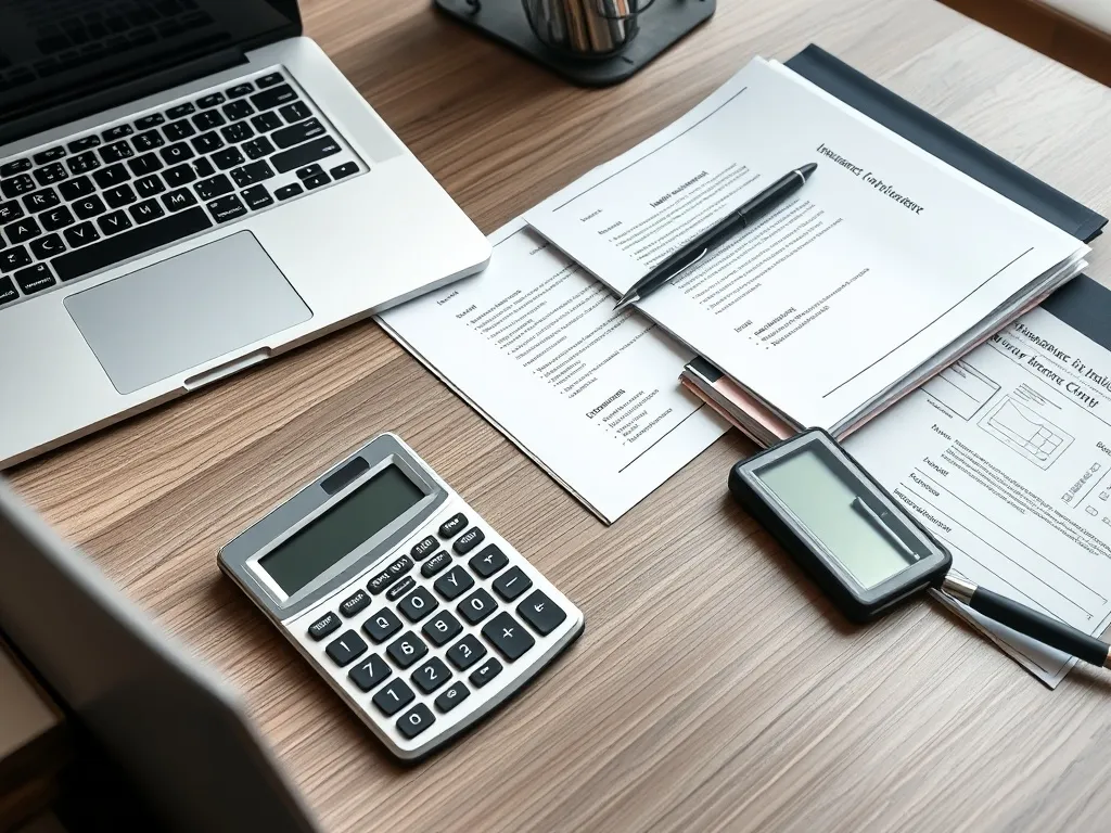 A professional office desk with a silver laptop, a calculato