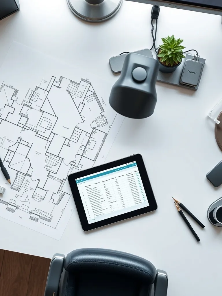 A top-down technical view of a clean office desk with archit