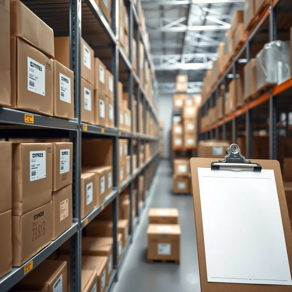A clean organized warehouse shelf with labeled boxes and a c