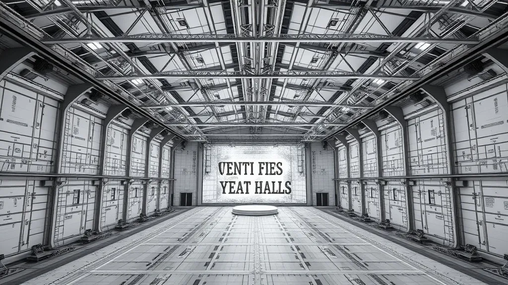 High-angle technical blueprint of a large event hall with ar