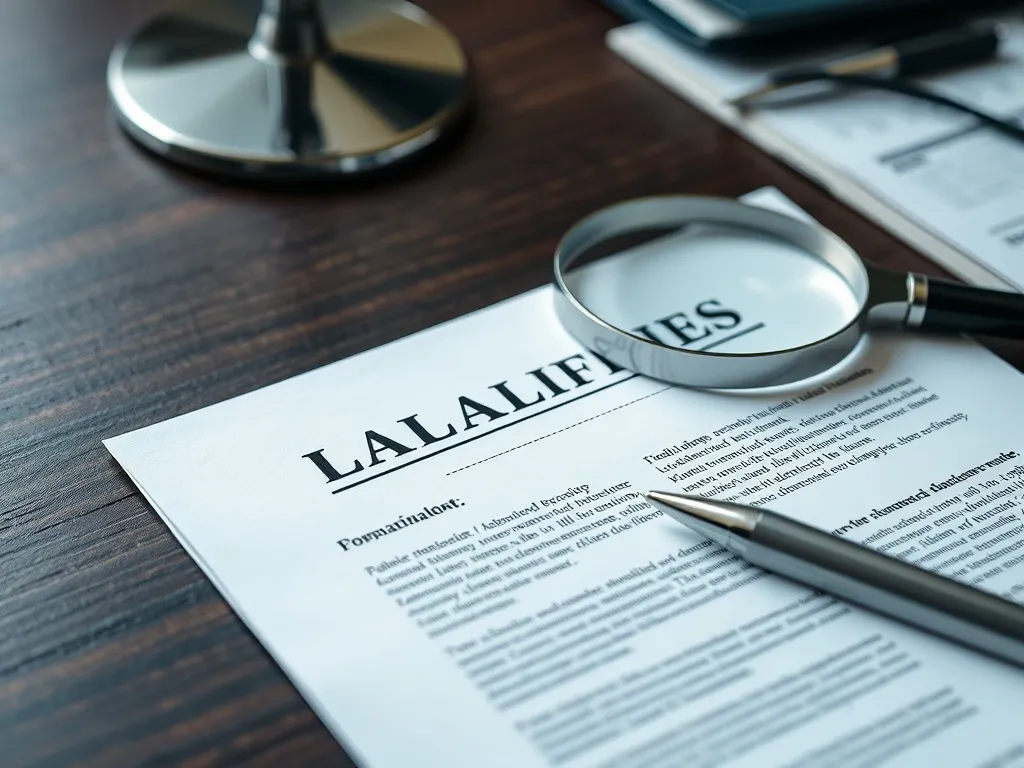 A close-up of a technical legal document on a dark wooden de